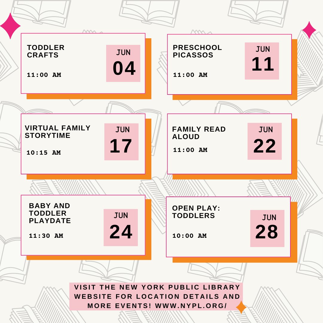 Visit the <a href="/nypl/">NY Public Library</a> for free play and reading events all month long for you and your child to enjoy!
•
¡Visite <a href="/nypl/">NY Public Library</a> para eventos gratuitos de juego y lectura durante todo el mes para que usted y su hijo disfruten!