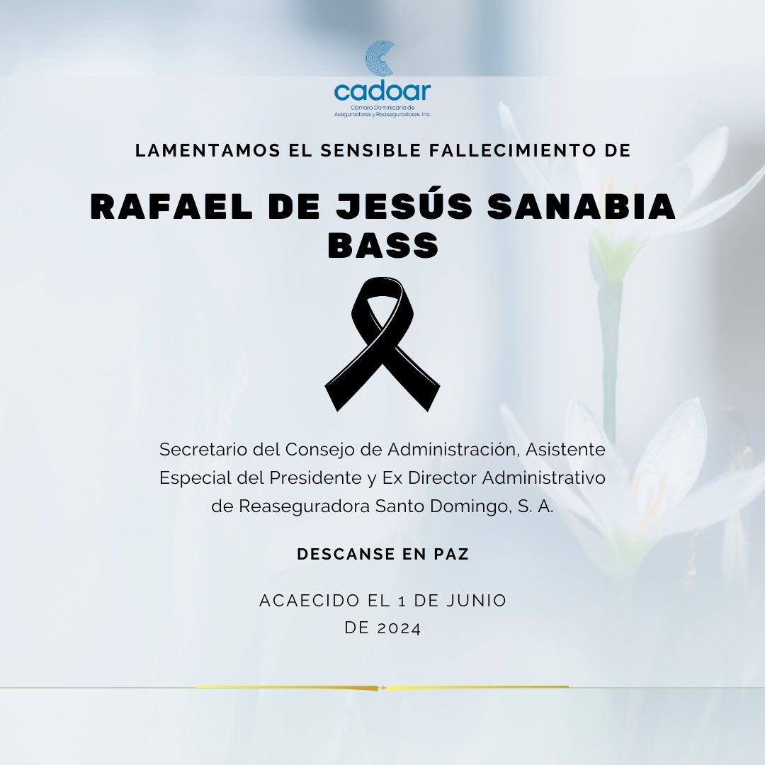 Sentimos profundamente el fallecimiento de Rafael Sanabia, con dotes y cualidades personales y profesionales excepcionales.

Acompañamos a Reaseguradora Santo Domingo REASANTO y la familia del Sr. Sanabia en estos momentos.

Deseamos que su alma descanse en paz.