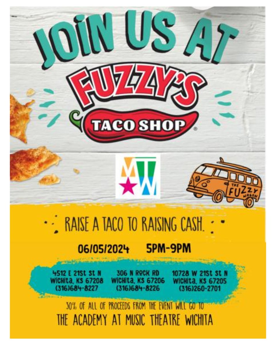 MTWichita's tweet image. Raise a Taco to Raise Cash for The Academy at MTWichita!
Join us on Wednesday at any Fuzzy's Taco Shop location in Wichita, and 30% of your total bill will be donated to The Academy at MTWichita.
Let's enjoy some delicious tacos and support the education program! 🌮🌮🌮
#fuzzys