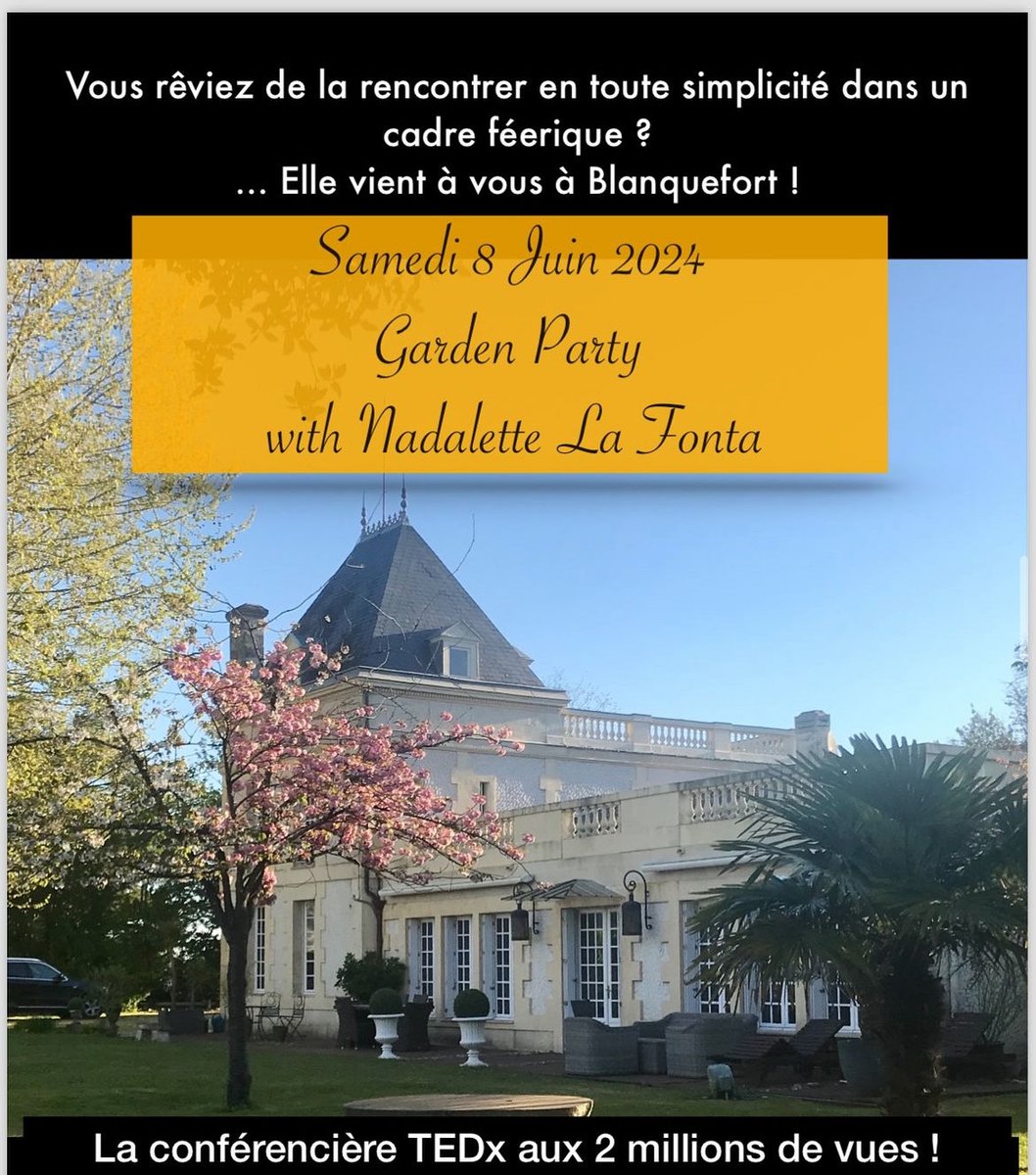 ✨ J'ai vous invite à me rejoindre le samedi 8 juin 2024 pour une Garden Party à Blanquefort ✨. 

Voici le programme de la soirée :
- 18h30 : Accueil
- 20h00 : Conférence
- 21h00 : Signatures et dédicaces
- 22h00-2h00 : Soirée festive

helloasso.com/associations/i…