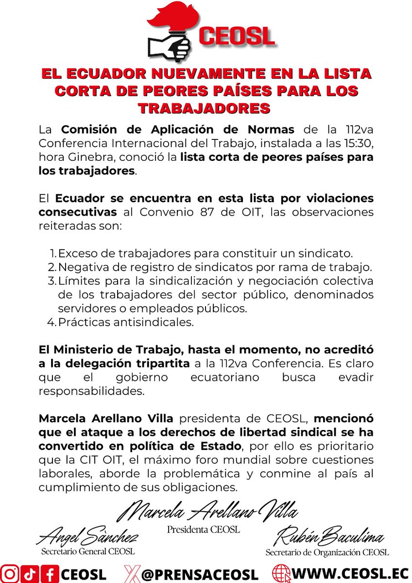 #Ecuador nuevamente en la lista corta de peores países para los trabajadores en el mundo, por reiteradas violaciones a la libertad sindical. #EcuadorAusenteDeLaCIT