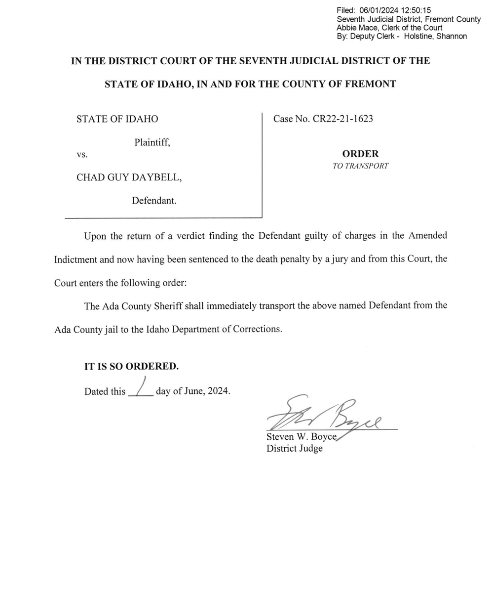 PrettyLiesAlibi's tweet photo. #chaddaybell has been ordered to be moved to the ID Dept of Corrections https://t.co/a0hCPMd8VL