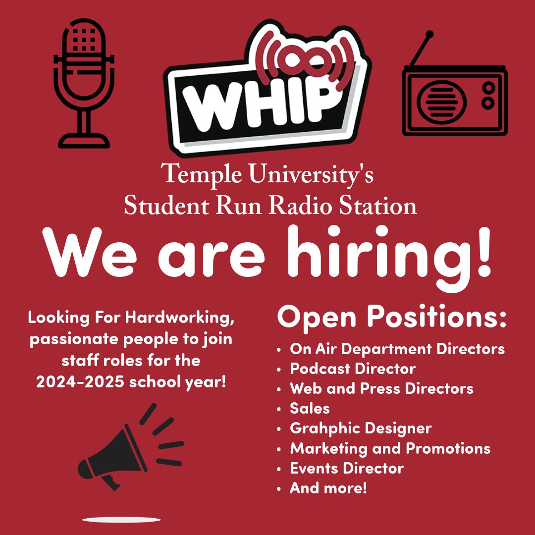 WHIP Radio (@whipradio) on Twitter photo WHIP is hiring staff members for the 2024-25 school year! Visit the link in our bio to apply. Applications are due June 7. Have questions? DM us or email prouco@whipradiotu.com. WHIP is hiring staff members for the 2024-25 school year! Visit the link in our bio to apply. Applications are due June 7. Have questions? DM us or email prouco@whipradiotu.com.
