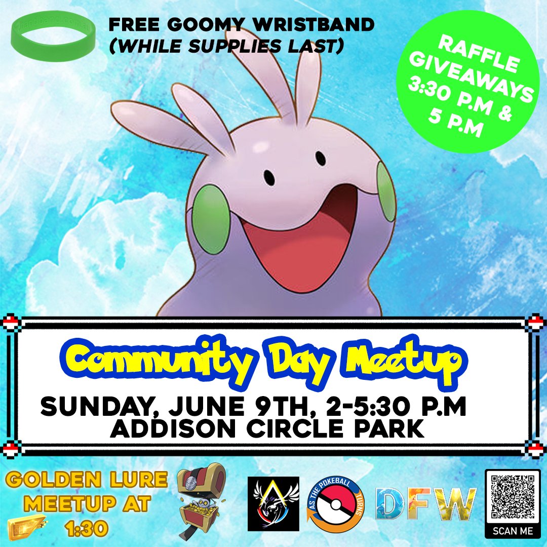 ATPTPodcast's tweet image. 🚨Addison, TX Meetup🚨
#PokemonGO #VisitAddison #DFW #Dallas 

Community day is just around the corner and we will be hosting a meetup at Addison Circle Park with the A.C.FB Campfire Community this Sunday at Addison Circle Park!

We will be handing out FREE Goomy Wristbands to…