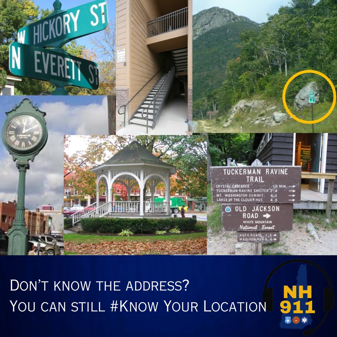 NewHampshire911's tweet photo. #TuesdayTip Even if you don’t know the address, you can #KnowYourLocation in an emergency. Street names, mile markers, your direction of travel, trail names, landmarks, building names, and more can all #HelpUsHelpYou in an emergency. Know where you are so that you can tell #NH911 https://t.co/3mUy2Xfy0S