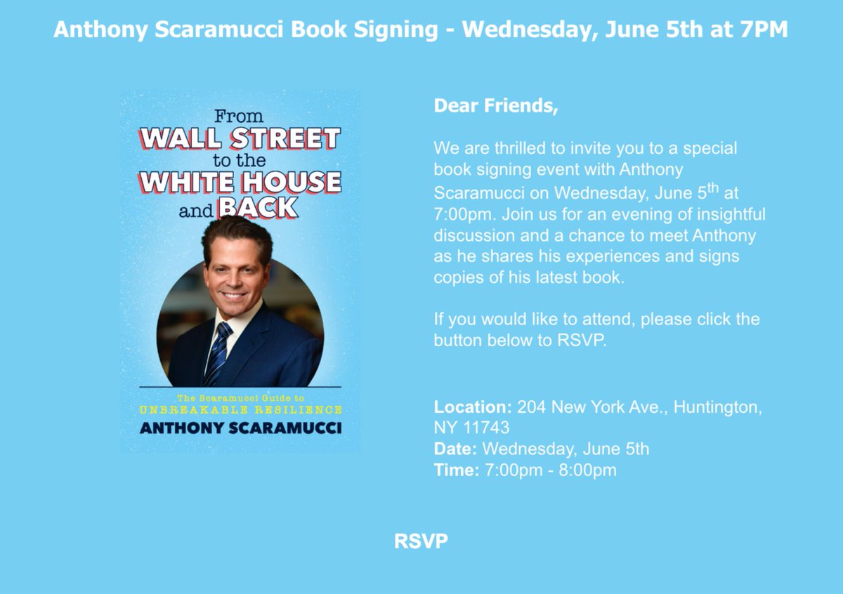 Scaramucci's tweet image. From Wall Street to the White House and Back book signing: This Wed, 7p in Huntington, NY at the The Next Chapter bookstore on Long Island, stop by to hear me talk about my most important career and life lessons - I'll sign your copy of the book!

RSVP: tinyurl.com/AMooch