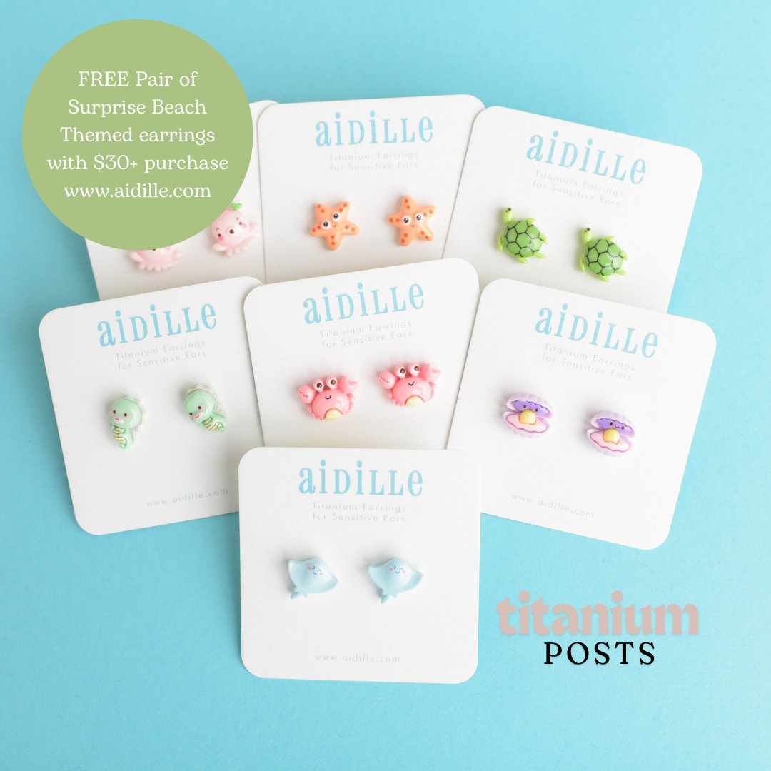 ShopAidille's tweet image. Spend $30+ before shipping and receive one pair of FREE surprise beach themed earrings with titanium posts! One per person; promo runs through June 7th or while supplies last. No code necessary. Only at aidille.com

#sensitiveears #titaniumearrings #beach
