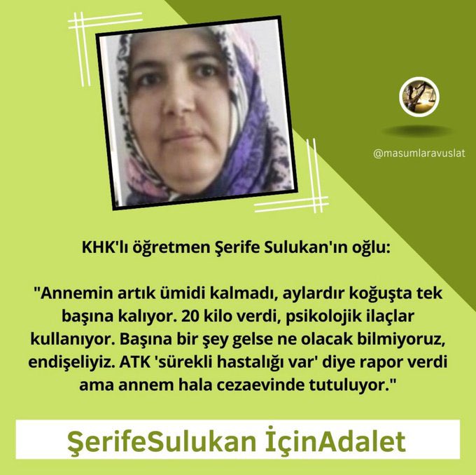 @gergerliogluof @adalet_bakanlik Şerife Sulukan Menemen R tipi Cezaevin’in hücresinde tek başına yaşam mücadelesi veriyor! Hayati tehlikesi olan ilaçlar kullanıyor! Tedavi olamıyor.

@tcbestepe @RTErdogan @TC_HSK @demetakbag 
@Cemrebirand1 @hulyavsar @tarkan @tkdfederasyon 

ŞerifeSulukana AcilTahliye