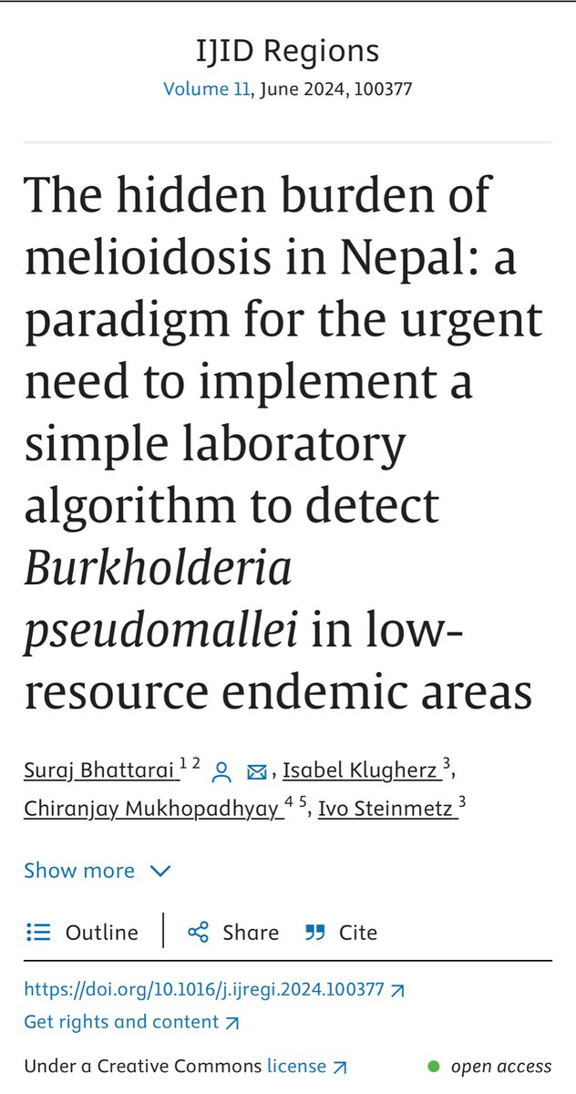 Article hot off press, on a less recognized (neglected) tropical dis, endemic in SA countries incl Nepal.
#Melioidosis is underdiagnosed, despite large populations being engaged in farming & having risk factors such as diabetes. 
#NTDs @glohmed @ISID_org 
sciencedirect.com/science/articl…