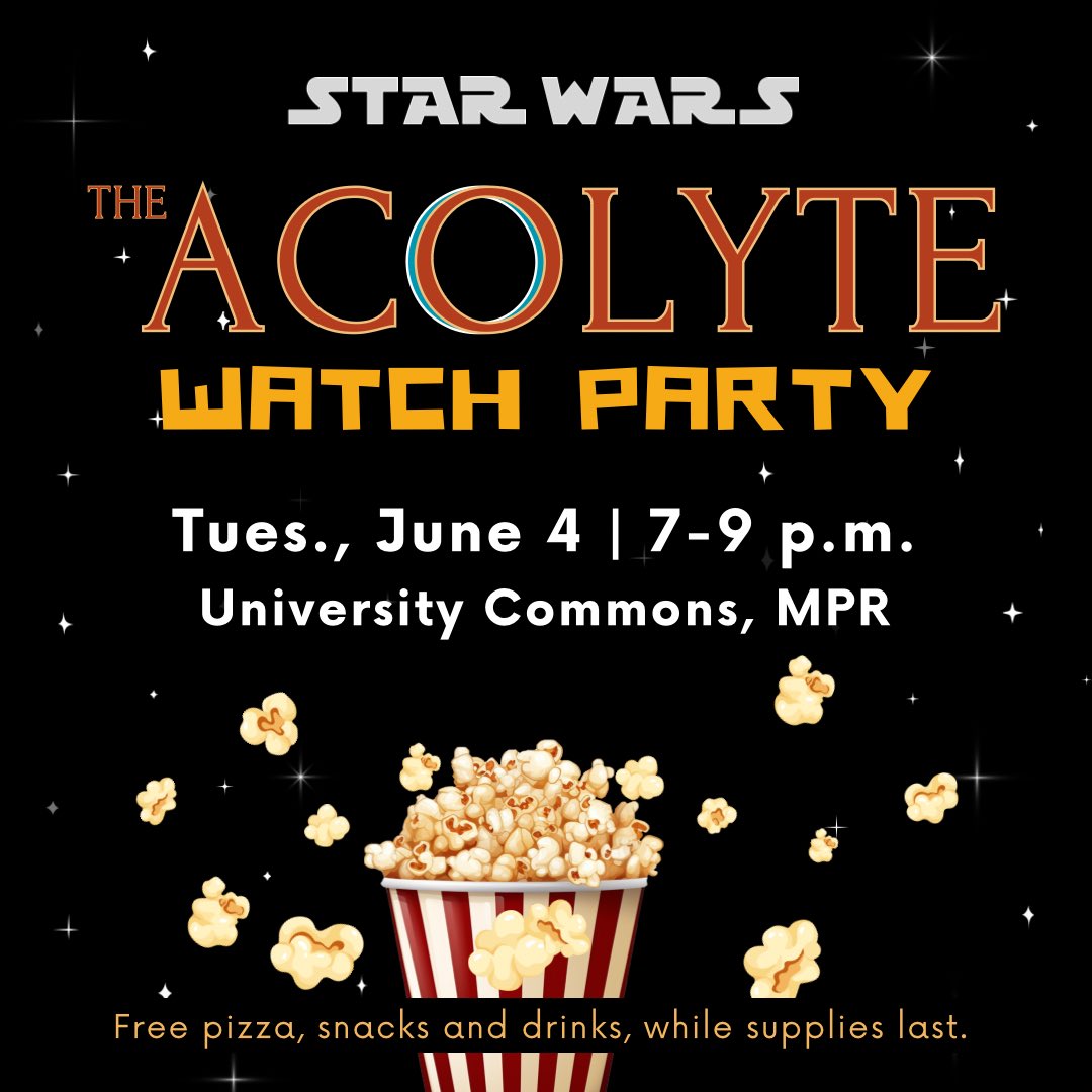 UHVInvolvement's tweet photo. Welcome Summer students! Join us TOMORROW for our first event of the summer! We’ll be watching the two episode premiere of the new Star Wars show, The Acolyte. We’ll have free pizza and snacks while supplies last, so don’t miss out! 

#UHV #JAXNATION #UHVJagFam #UHVSummer https://t.co/1b8F2k5KBX
