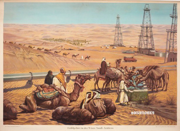 لوحة فنية تظهر منصات حفر آبار النفط و خط التابلاين و البدو الرحل في السعودية 1954 م