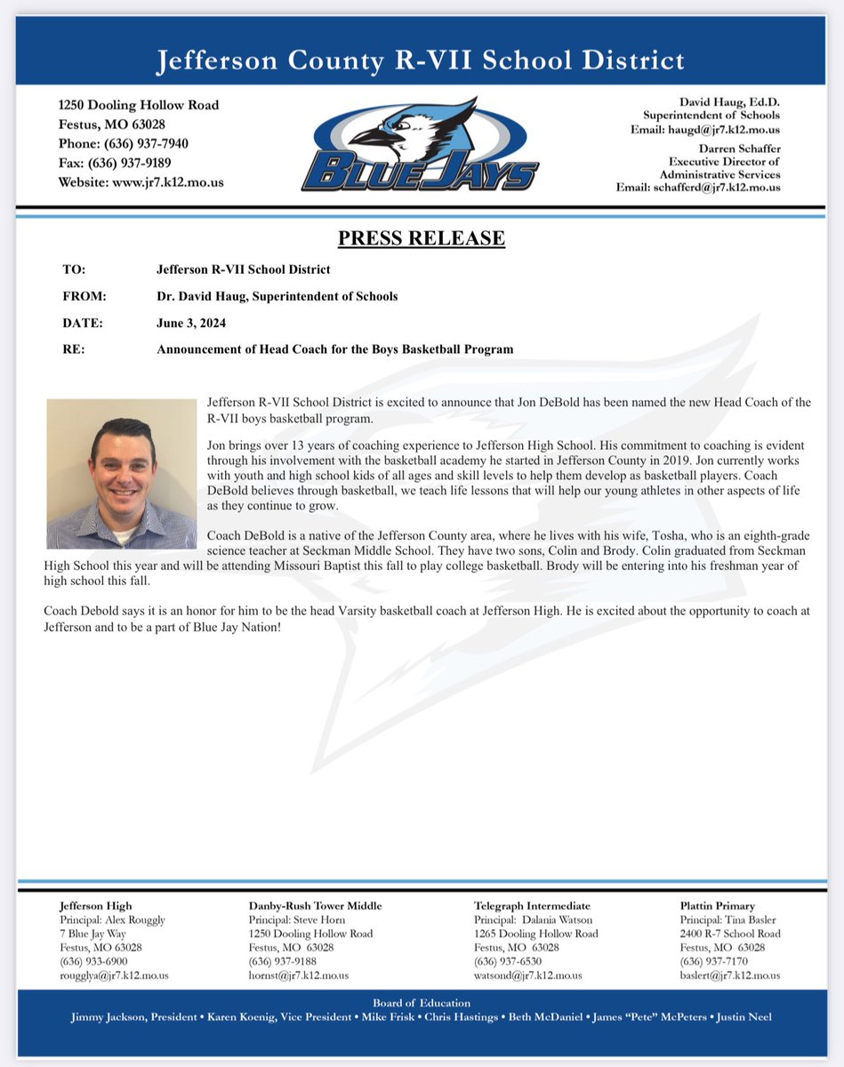 Jon Debold takes over as new boys basketball coach at Jefferson. <a href="/JR7Supt/">David Haug</a> <a href="/R7Activities/">R7 Activities</a> <a href="/R7Bluejays/">Jefferson R7 Schools</a> <a href="/R7principal/">Alex Rouggly</a>