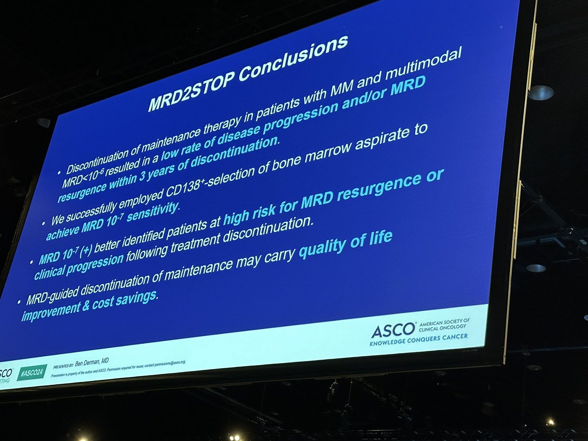 Ryan Huey, MD, MS (@ryanhuey) on Twitter photo Big credit to the MRD2STOP trial for work with deescalation of myeloma maintenance therapy depending on MRD status. Saved patients $21M in drugs over 3 years!! We need more of this! #ASCO24 Big credit to the MRD2STOP trial for work with deescalation of myeloma maintenance therapy depending on MRD status. Saved patients $21M in drugs over 3 years!! We need more of this! #ASCO24