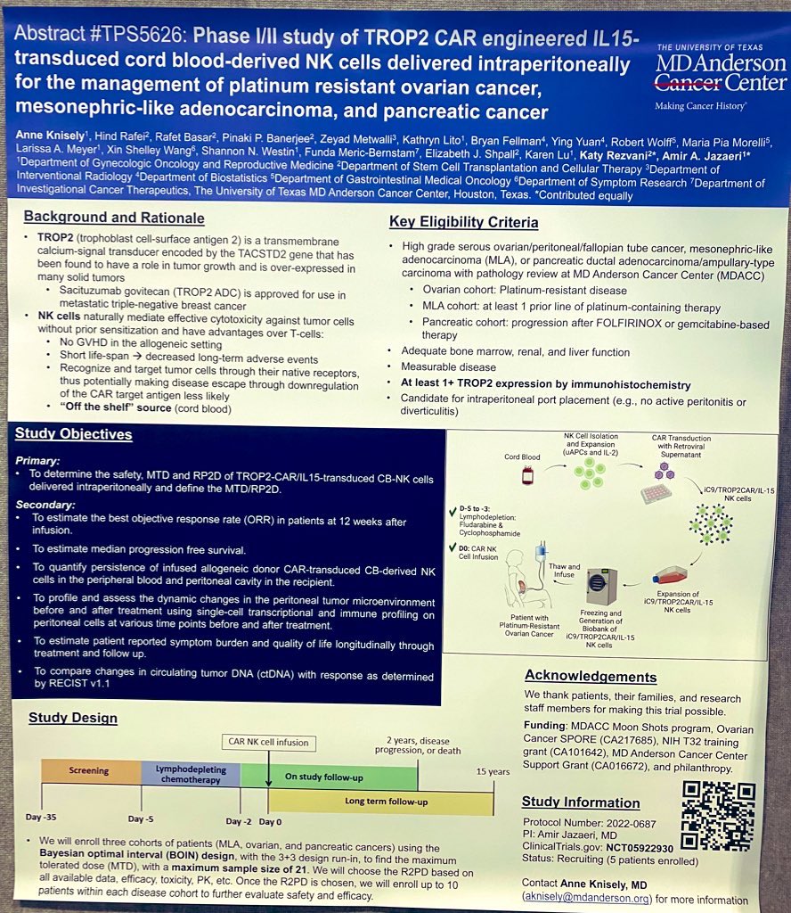 Anne Knisely, MD (@annekniselymd) on Twitter photo Come to poster #494b in the Gyn poster session #ASCO24 to learn more about our phase 1/2 TROP2 directed CAR NK cell trial now enrolling at <a href="/MDAndersonNews/">MD Anderson Cancer Center</a>! <a href="/AmirJazaeri/">Amir Jazaeri</a> <a href="/lab_rezvani/">Katy Rezvani, M.D., Ph.D</a> Come to poster #494b in the Gyn poster session #ASCO24 to learn more about our phase 1/2 TROP2 directed CAR NK cell trial now enrolling at <a href="/MDAndersonNews/">MD Anderson Cancer Center</a>! <a href="/AmirJazaeri/">Amir Jazaeri</a> <a href="/lab_rezvani/">Katy Rezvani, M.D., Ph.D</a>