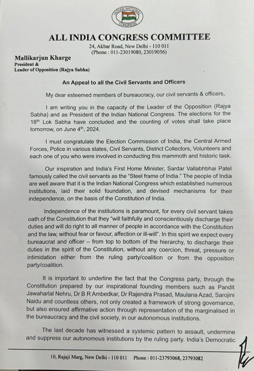 INCIndia's tweet photo. "Indian National Congress now urges the entire bureaucracy, to adhere to the Constitution, enact their duties, and serve the nation, without fear, favour and ill-will against anybody. Do not get intimidated by anyone. Do not bow down to any unconstitutional means. Do not be afraid of anyone and discharge your duties, based on merit, on this counting day. We owe it to future generations, a vibrant Democracy and a long-lasting Constitution, as penned by the makers of modern India."

Congress President Shri @kharge ji's appeal to the civil servants and officers. Read the full letter.👇