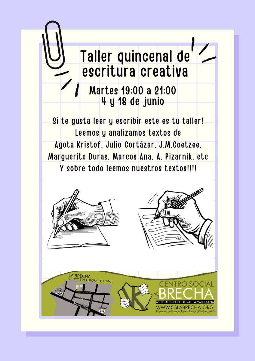 Nueva reunión abierta mañana martes del taller de escritura creativa de La Brecha. 
Transgresor, sin esquemas predefinidos primando la originalidad, la imaginación y la innovación.