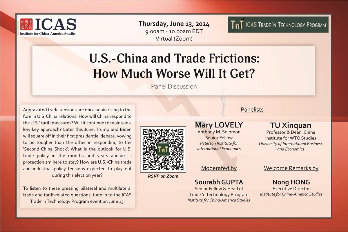 icasDC's tweet photo. Join #ICASTnT on June 13 for an expert panel discussion with Mary Lovely (@melovely_max, @piie) and Tu Xinquan (@UibeChina) on the aggravated state of US-China trade frictions and where these frictions may be headed.
RSVP: https://t.co/ImPngglBcC
More: https://t.co/tLTIUUj65M https://t.co/qyWy9SfjHt