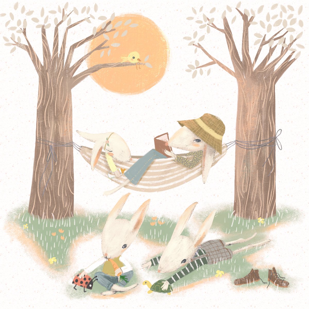 madoucepatrie's tweet photo. Juuuuuuuuuuune! 🌻
I made it to my favorite month!
What about a magic hammock for introverts, where you can disappear with a book and escape all demands and troubles for...a couple of minutes! HA!
🐇 🐇 🐇
#juneode
#kidlit #kidlitart #picturebooks #childrensillustration https://t.co/1oPpm5vnS3