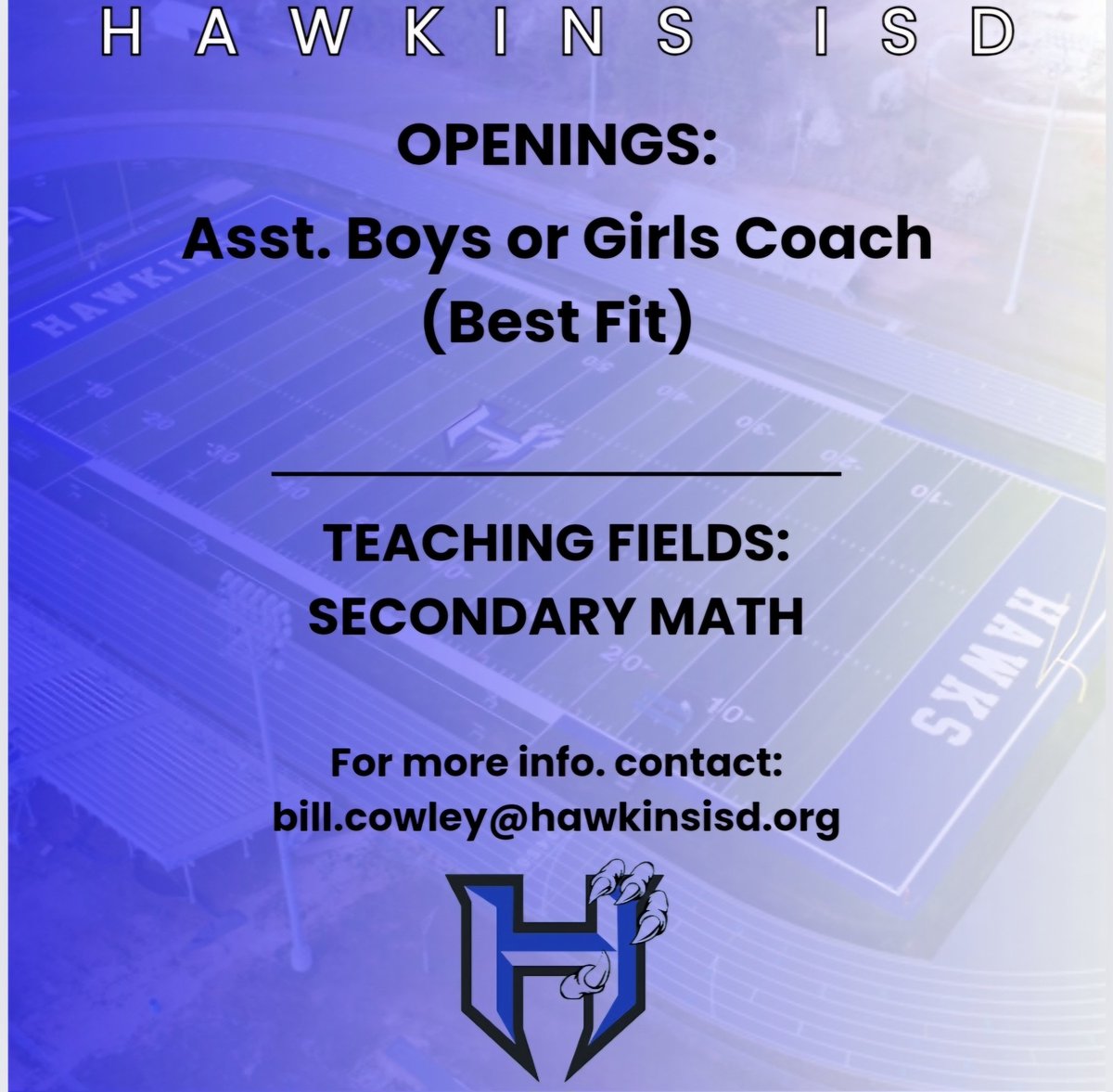 Here's a great opportunity to join the Hawk Family. Great place to work and live.