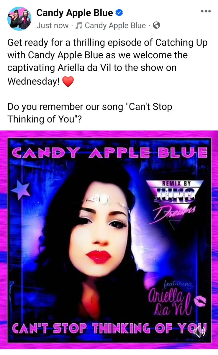 CandyAppleBlue's tweet photo. Get ready for a thrilling episode of Catching Up with Candy Apple Blue as we welcome the captivating Ariella da Vil to the show on Wednesday! ❤️
Do you remember our song "Can't Stop Thinking of You"?
#catchingupwith #candyappleblue https://t.co/zqQmg1XzkG