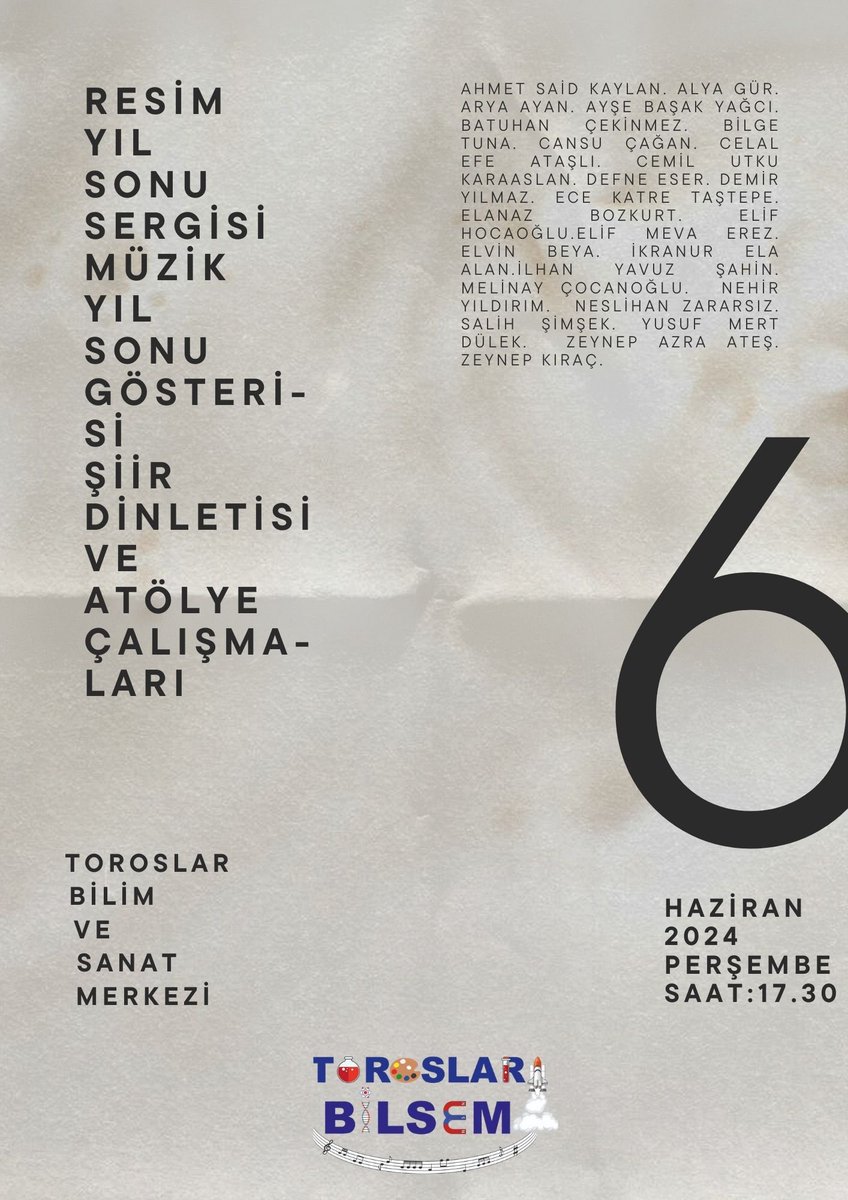 ToroslarBilsem's tweet photo. Yıl sonu etkinliğimizde siz kıymetli misafirlerimizi aramızda görmekten onur duyarız.

📆6 Haziran Perşembe
⏰17:30
📍Toroslar BİLSEM

@tcmeb @Yusuf__Tekin @BilsemMeb @ahpehlivan53 @fazilet_durmus @BaykalBasdemir @Sogukpinar023 @OguzhanTulucu @MersinMEM @toroslarmem https://t.co/KmpuE7cRGU