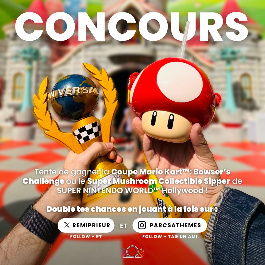 RemiPrieur's tweet photo. 🌟 CONCOURS : SUPER NINTENDO WORLD !  
Tente de gagner la Coupe Mario Kart 🏆 ou le Super Mushroom Collectible Sipper 🍄 !

Pour participer : RT + Follow
Fin du concours 11.06.24 à 23h59

Double tes chances en participant sur Instagram 
🔗 https://t.co/l8ZI2e4nHC https://t.co/xVZGXdPcZJ