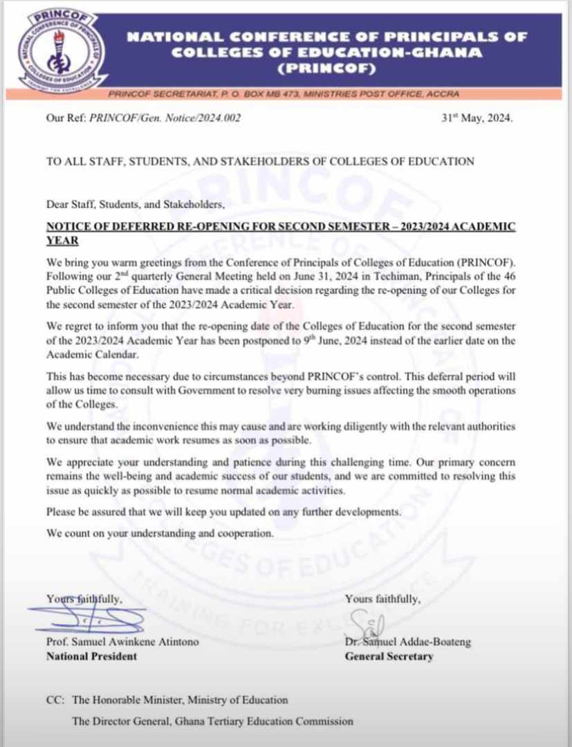 PRINCOF_Gh's tweet photo. Reopening of 2nd Semester of the 2023/24 Academic Year of #CollegesofEducation🇬🇭 postponed to Sunday 9th June 2024. https://t.co/bxbeEosbb5