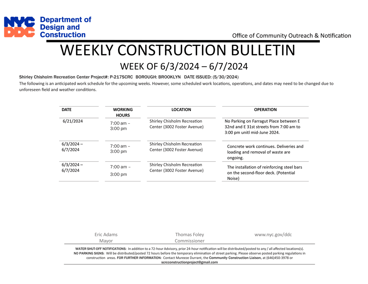 CommunityB17's tweet photo. WEEKLY CONSTRUCTION BULLETIN
WEEK OF 6/3/2024 – 6/7/2024 https://t.co/BBt0DNRdaQ