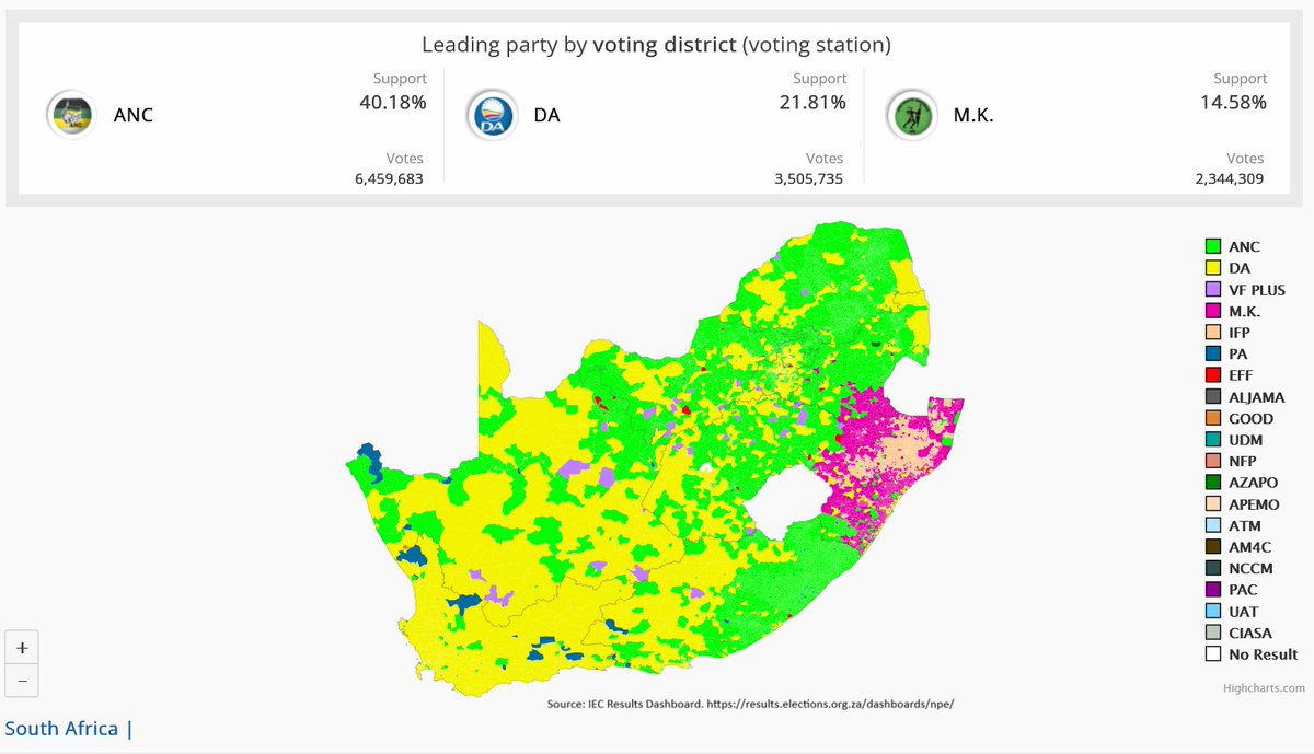 After two decades of liberation loyalty, South African voters punished ANC for persistent inequality and deteriorating living conditions, but worrisome ethnic voting pattern: Big winner MK Party irrelevant in most parts, except in Zulu territories. #electionresults  #SAElections