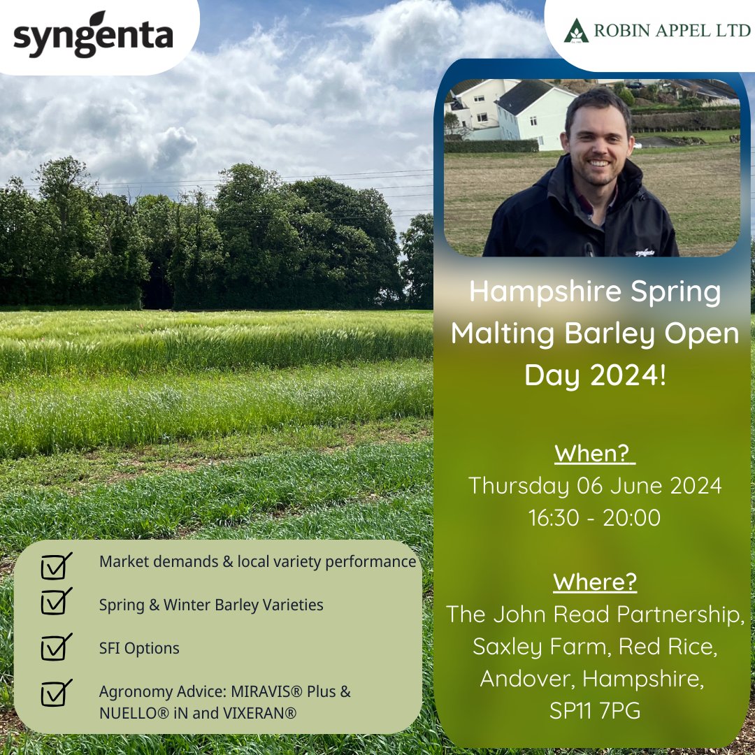 Syngenta UK (@syngentauk) on Twitter photo Are you a grower in Hampshire & the surrounding area? Join your local #SYNGENTA Area Manager, Pete Woodford in conjunction with <a href="/RobinAppelLtd/">Robin Appel Ltd</a> for the 2024 Hampshire #SpringMaltingBarley Open Day this Thursday! 🌾 Sign up today via the Syngenta website 👉 syngenta.co.uk/field-meeting/… Are you a grower in Hampshire & the surrounding area? Join your local #SYNGENTA Area Manager, Pete Woodford in conjunction with <a href="/RobinAppelLtd/">Robin Appel Ltd</a> for the 2024 Hampshire #SpringMaltingBarley Open Day this Thursday! 🌾 Sign up today via the Syngenta website 👉 syngenta.co.uk/field-meeting/…