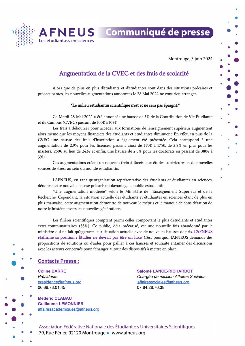AFNEUS's tweet photo. #CDP | Le milieu estudiantin scientifique ne sera pas épargné

Le 28 mai a été annoncé une hausse
📈 de 3% de la #CVEC

Des frais de scolarité de
📈 2,9% en licences
📈 2,8% en masters
📈 2,8% en doctorats

L’#AFNEUS réaffirme sa position : étudier ne devrait pas être un luxe ✊ https://t.co/y6be9I0zVT