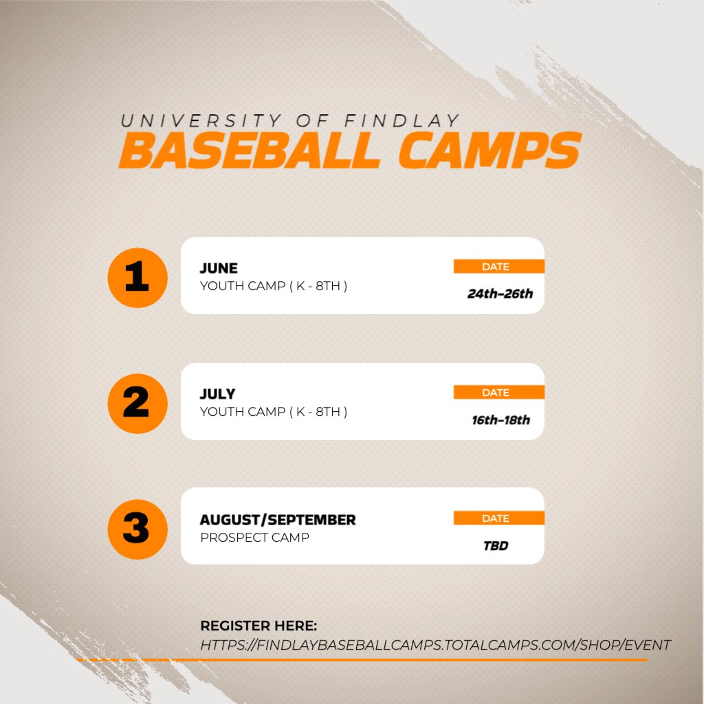The Baseball team will host summer camps in June and July! This is a great opportunity to get work, training, and advice from college coaches and players!

For more information and registration, click the link ⬇️

findlaybaseballcamps.totalcamps.com/shop/EVENT