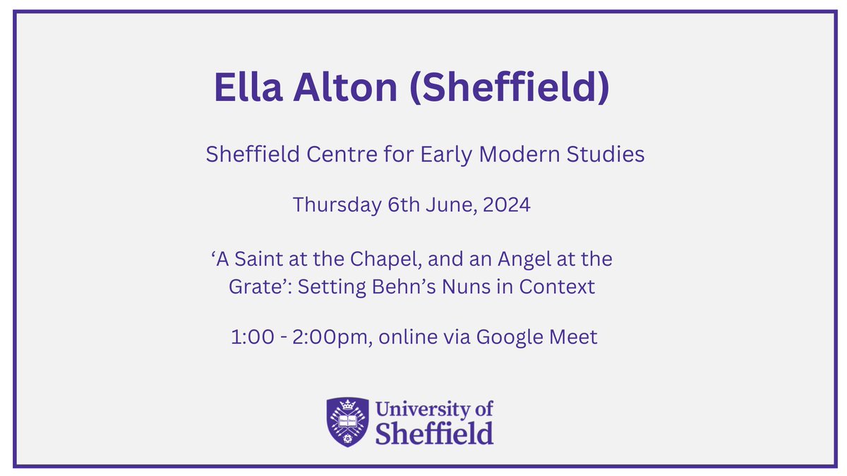 SCEMS is on Bluesky @sheffieldcems.bsky.social (@sheffieldcems) on Twitter photo For our final EMDG of the academic year, <a href="/Ella_c_alton/">Ella Alton</a> will be sharing her research on the excellent topic of Aphra Behn's nun-fiction. ⛪️
📌 Thurs 6th June, 1-2pm
📌 Online via Google Meet
Full details: sites.google.com/sheffield.ac.u…
Register here: forms.gle/j5XE9qrVRxKNf8… For our final EMDG of the academic year, <a href="/Ella_c_alton/">Ella Alton</a> will be sharing her research on the excellent topic of Aphra Behn's nun-fiction. ⛪️
📌 Thurs 6th June, 1-2pm
📌 Online via Google Meet
Full details: sites.google.com/sheffield.ac.u…
Register here: forms.gle/j5XE9qrVRxKNf8…