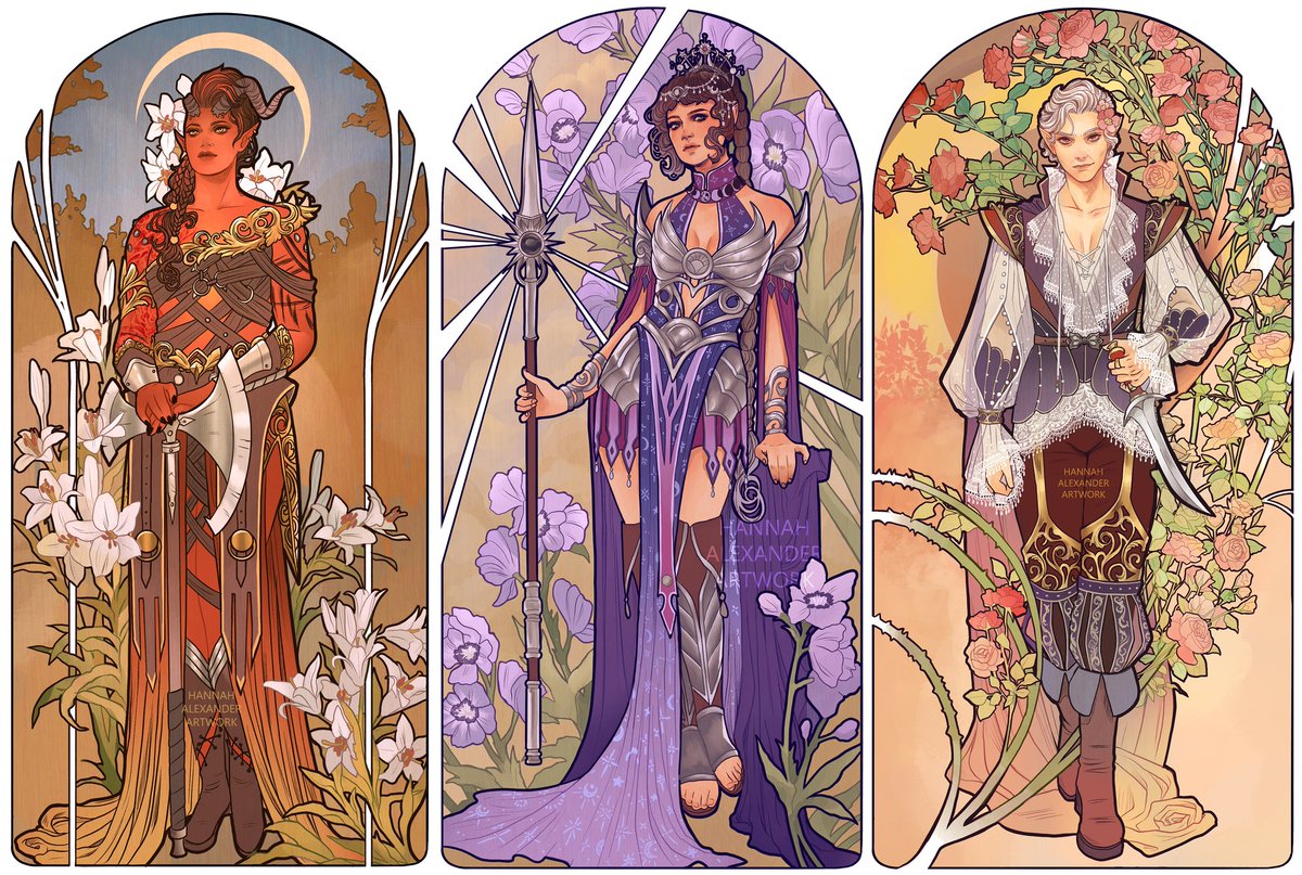 HannahArtwork's tweet photo. My patrons are currently voting for the final Baldur's Gate character to add to my art nouveau lineup 👀 https://t.co/5dzauPTXTP