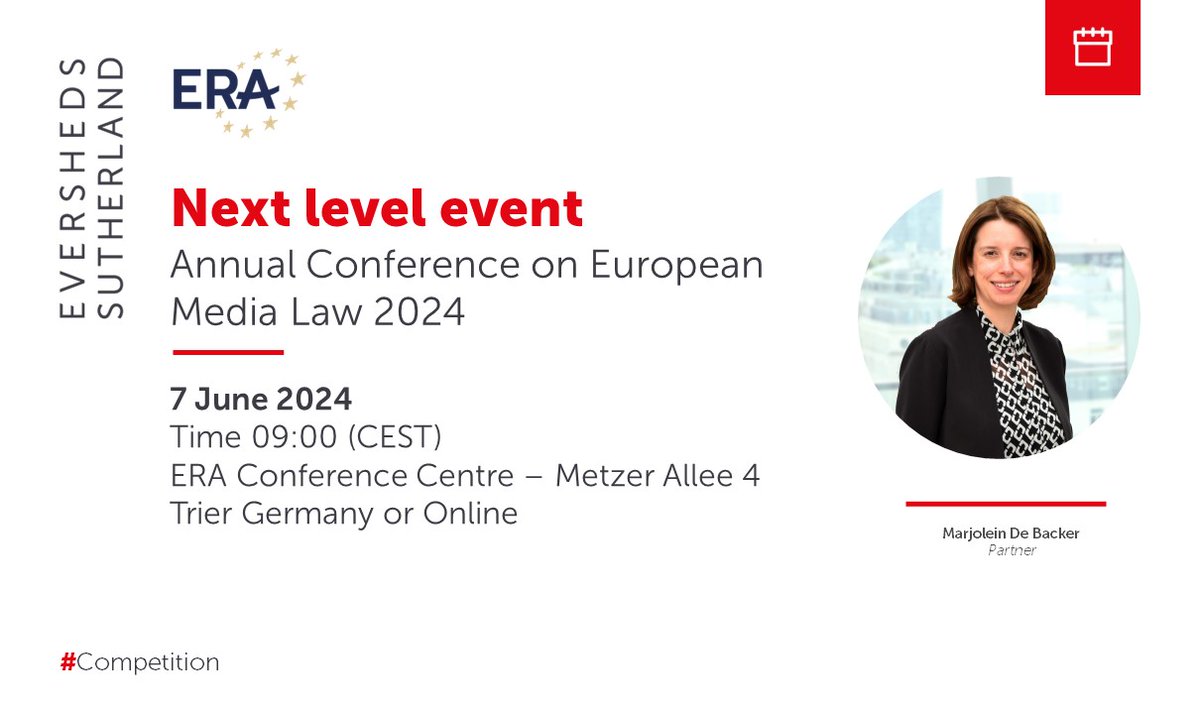 Partner Marjolein De Backer is delighted to be one of the speakers discussing #Competition law in the media and AVMS sector at the ERA Annual Conference on European Media Law on 7 June in Germany.

Register now to join Marjolein at the event: era.int/cgi-bin/cms?_S…