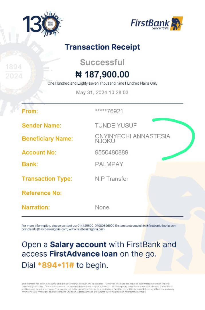 On the 31st of May,I mistakenly sent 187,900  meant for a business purpose to one * Madam Onyinyechi Annastesia Njoku* PalmPay account number and have went to my bank (First Bank ) to complained both online and offline. 
This strike may hinder the process that’s why I’m begging