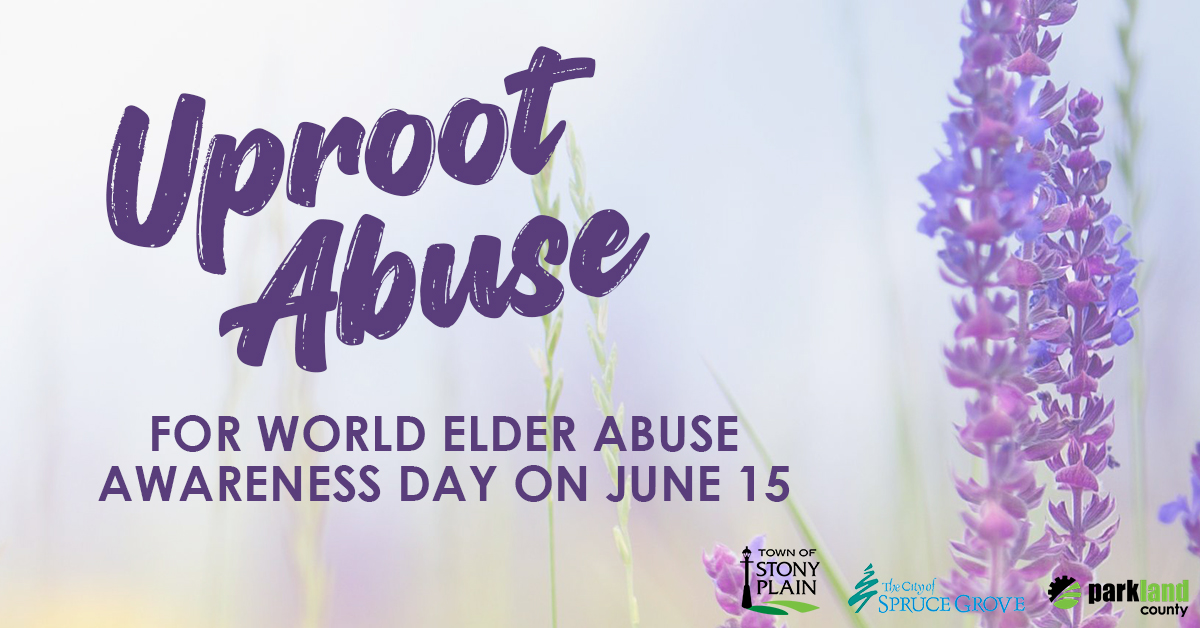 StonyPlainAB's tweet photo. Join #UprootAbuse to show your support for seniors in our community. The #TriRegion is raising awareness of #ElderAbuse in honour of #WorldElderAbuseAwarenessDay. A free community event will be hosted at Stony Plain Public Library on June 15, from 11AM - 2PM. https://t.co/7Ba7lYH7GZ
