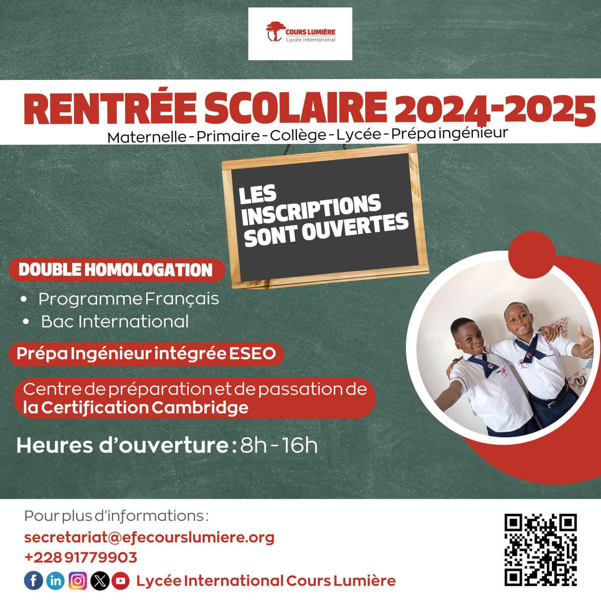 CoursLumiere's tweet photo. #courslumiere
#Togo
📚 Ouverture des inscriptions pour la rentrée scolaire 2024-2025 ! 🎒 Nous sommes heureux d’accueillir tous les #élèves, de la maternelle au postbac. Inscrivez vous dès maintenant ! 🌟
#LICL #pedagogie #education #excellence https://t.co/A1rI3gRU5K