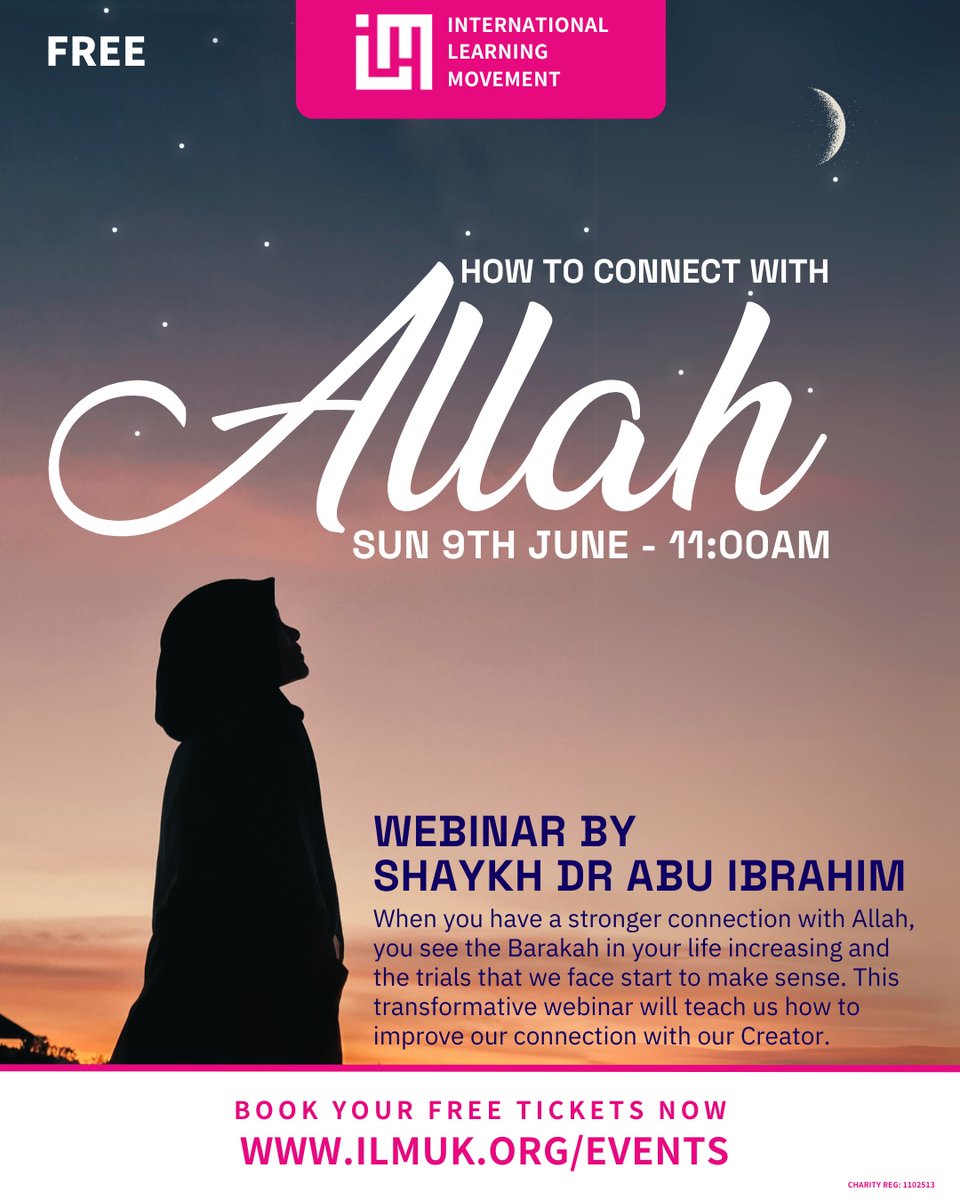 abuibrahimuk's tweet photo. Free Webinar (ILM UK)

How to Connect with Allah (swt)
By Shaykh Dr Abu Ibrahim

Sunday 9 June
Starts at 11am

Register here
https://t.co/hNRuY481WO

#islamic #webinar #lecture https://t.co/8CbyUfj2sX