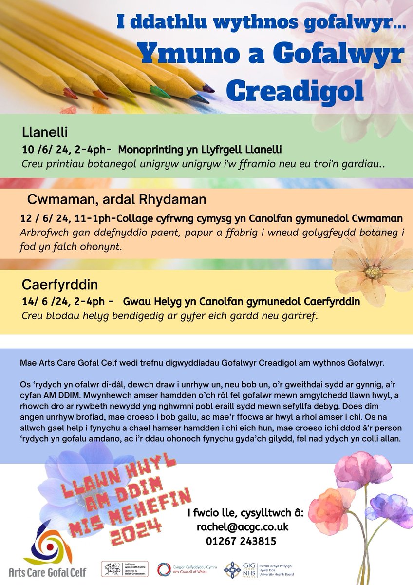 Free workshops for unpaid carers starting a week today for <a href="/carersweek/">Carers Week</a>  Book your places now <a href="/CarersTrustCWW/">Carers Trust Crossroads West Wales</a>  <a href="/CarersTrust/">Carers Trust</a>  <a href="/CarersUK/">Carers UK</a>  <a href="/CarersWales/">Carers Wales</a> <a href="/Arts_Wales_/">Cyngor Celfyddydau Cymru | Arts Council of Wales</a> <a href="/HywelDdaHB/">Hywel Dda UHB</a>  <a href="/CarmsCouncil/">Cyngor Sir Gâr</a>  <a href="/MencapCymru/">Mencap Cymru</a> <a href="/actnforchildren/">Action for Children</a> <a href="/WahwnC/">WAHWN Cymru</a> <a href="/MindCymru/">Mind Cymru</a> <a href="/DementiaFriends/">Dementia Friends</a> <a href="/alzassociation/">Alzheimer's Association</a> <a href="/CwmDev/">Cwmaman Development</a>