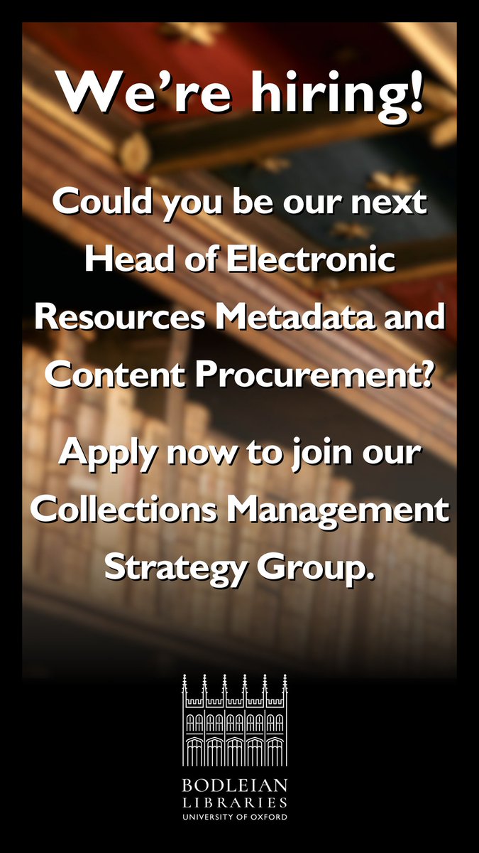 📚 We're hiring!
Apply by 14th June 2024, 12:00, and join our amazing team at one of the oldest libraries in Europe.

go.glam.ox.ac.uk/0fCBqswZn

#hiring #recruiting #job #vacancy #collections #library #libraryjobs #university #universityjobs #universityofoxford #bodleianlibraries