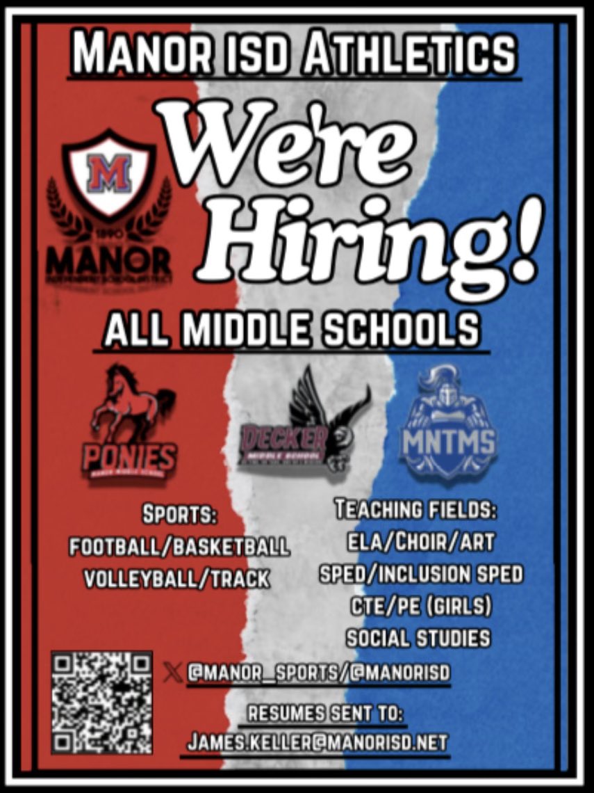 Manor Middle Schools have several coaching positions open. If interested please send resumes to James.keller@manorisd.net The information and link to apply is on the graphic attached