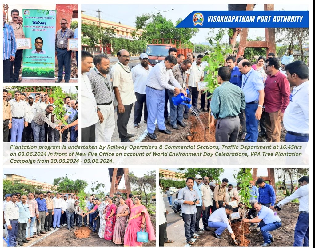 vptIndia's tweet photo. #Plantation program was undertaken by Railway Operations & Commercial Sections of Traffic Department at 16.45hrs on 03.06.2024 in front of New #FireOffice on account of #WorldEnvironmentDay2024. The  Celebrations are being organised by VPA  from 30.05.2024 - 05.06.2024.
@PIB_ShipMin @PIB_ShipMin @AP_PCB