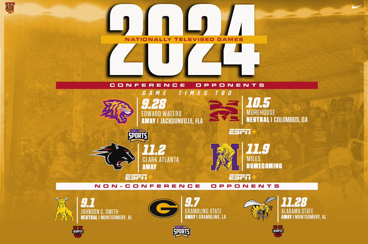 Tuskegee Football to Be Featured in Seven Nationally Televised Games in 2024 

#SkegeeFB l #MyTUAthletics l #TVSchedule l #SIAC

goldentigersports.com/news/2024/6/3/…