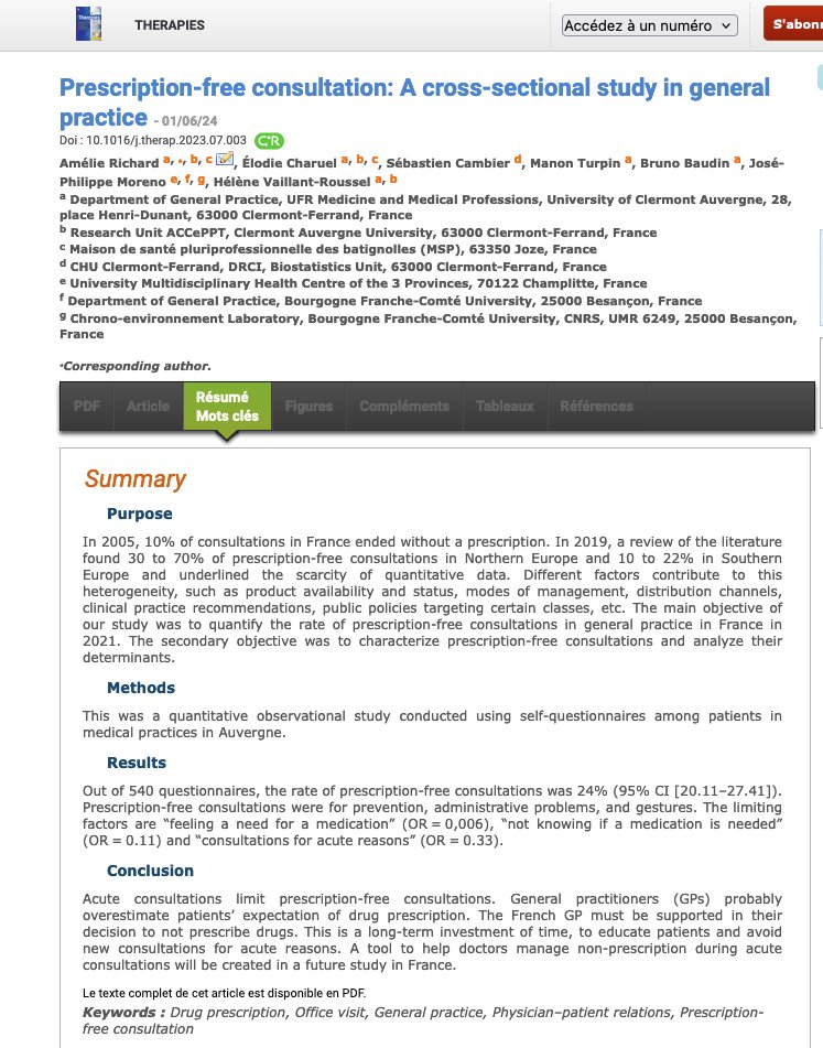 Seules 24% des consultations n'ont pas de prescription de médicaments
France championne de la surmédication!
 sciencedirect.com/science/articl…
EDUCATION-FORMATION
1- Stop à la croyance : pas de médicament = pas de guérison = mauvais médecin
2- Apprenons à ne pas prescrire et à déprescrire