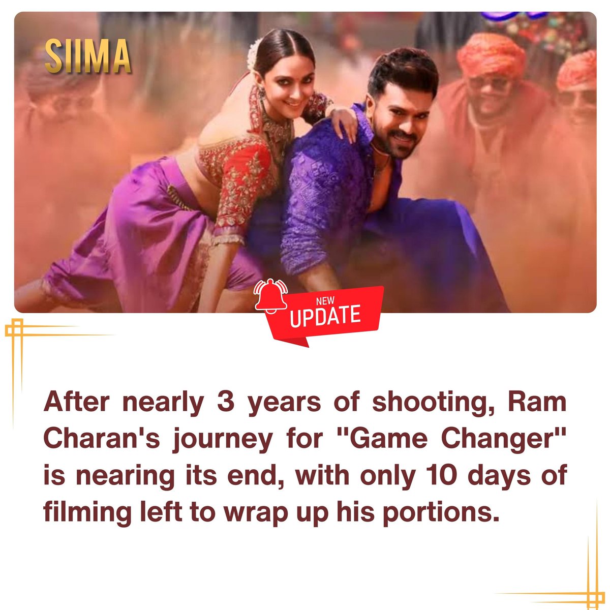 siima's tweet photo. After nearly 3 years of shooting, @AlwaysRamCharan's journey for "Game Changer" is nearing its end, with only 10 days of filming left to wrap up his portions! 🎬✨

@advani_kiara @shankarshanmugh @MusicThaman

#GameChanger #RamCharan #MovieMagic #FinalStretch #CinemaJourney #Tollywood #SIIMA