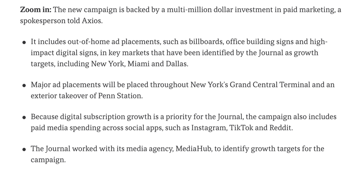 WSJ has been doing rolling layoffs of journalists this year and now is doing a multi-million dollar brand campaign including billboards, TikTok and "high impact digital signs." C'mon. axios.com/2024/06/03/wsj…