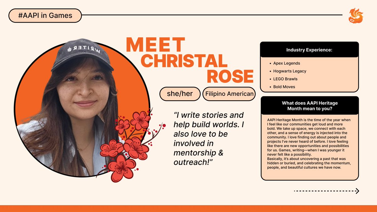 ProjectAWR's tweet image. Christal Rose / @helloHazelton: &quot;I write stories and help build worlds. I also love to be involved in mentorship &amp;amp; outreach! I have worked with Apex Legends, Hogwarts Legacy, LEGO Brawls, Bold Moves.&quot;
#AAPIInGames