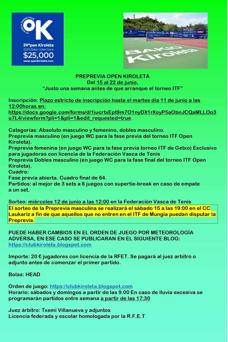 El sorteo de la Preprevia del Open Kiroleta se atrasa al sábado 15 a las 19:00
Se trata de favorecer la participación de jugadores que no entren en la previa de Laukariz

fvtenis.eus/es/noticias-ma…