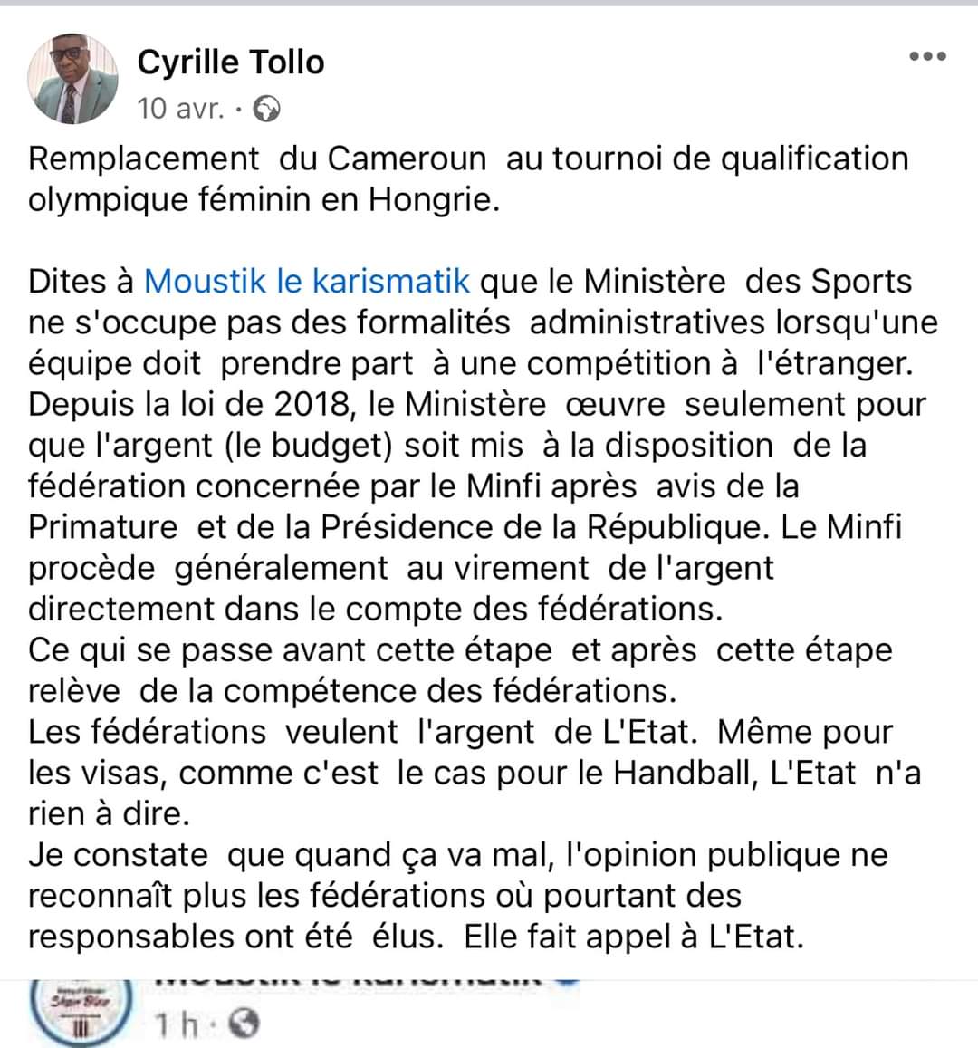 MarcCHOUAMO's tweet photo. Quand le Conseiller Technique du Ministère des Sports déclinait la responsabilité de son employeur dans le déplacement des équipes nationales en relevant l'autonomie des fédérations (cas du Handball). 

Big LOL https://t.co/6WscWiYxNe